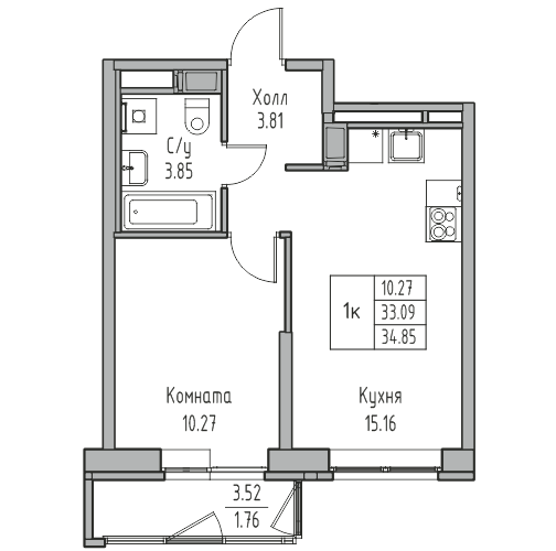2-комнатная (Евро) квартира, 34.85 м² в ЖК "Юнтолово" - планировка, фото №1