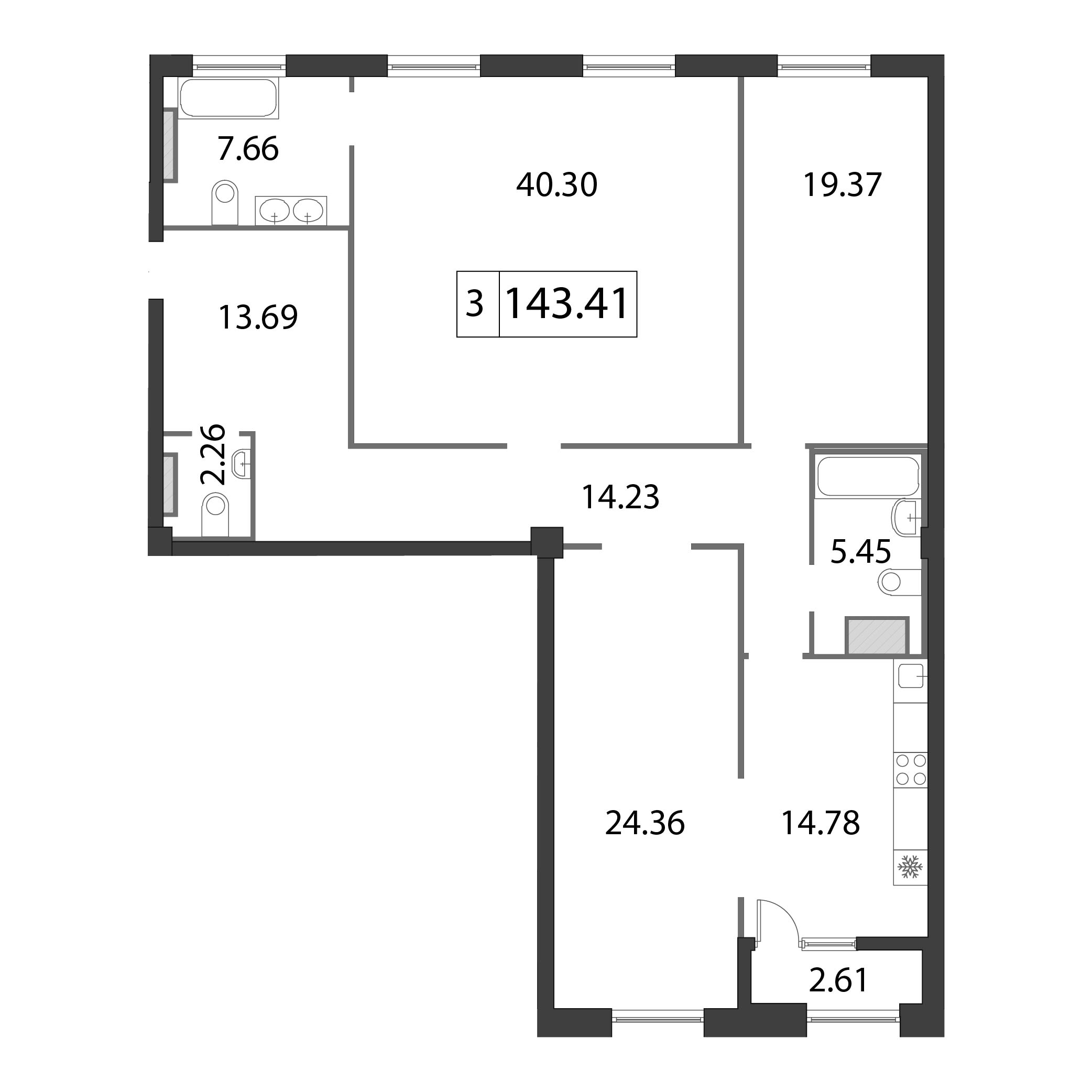 3-комнатная квартира, 143.3 м² - планировка, фото №1