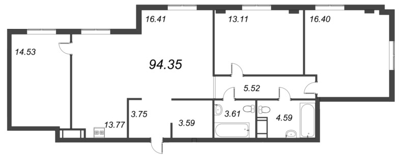 4-комнатная (Евро) квартира, 94.35 м² - планировка, фото №1