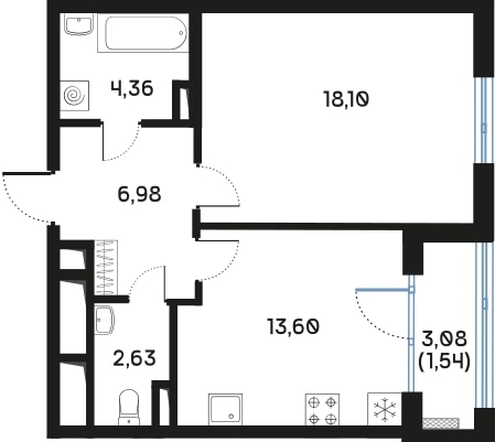 1-комнатная квартира, 47.27 м² в ЖК "Дом Регенбоген" - планировка, фото №1