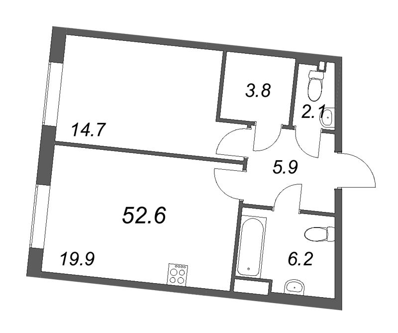 2-комнатная (Евро) квартира, 52.5 м² в ЖК "Визионер" - планировка, фото №1