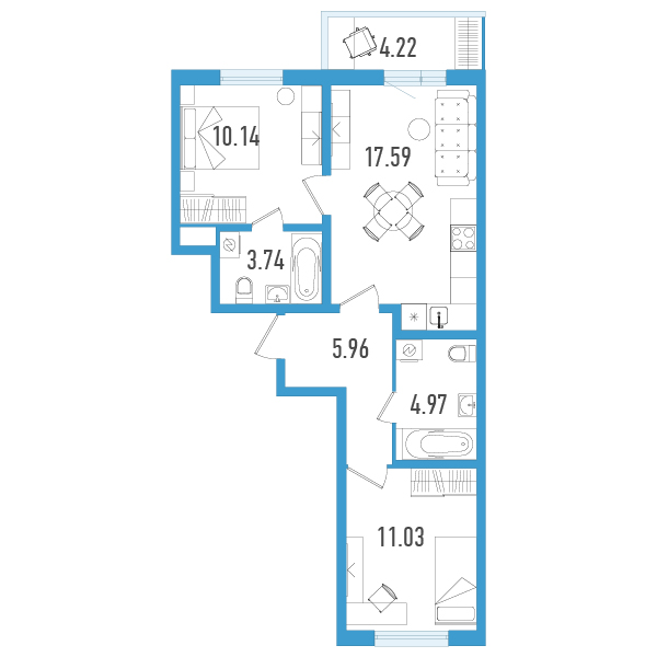 3-комнатная (Евро) квартира, 54.7 м² в ЖК "AEROCITY" - планировка, фото №1