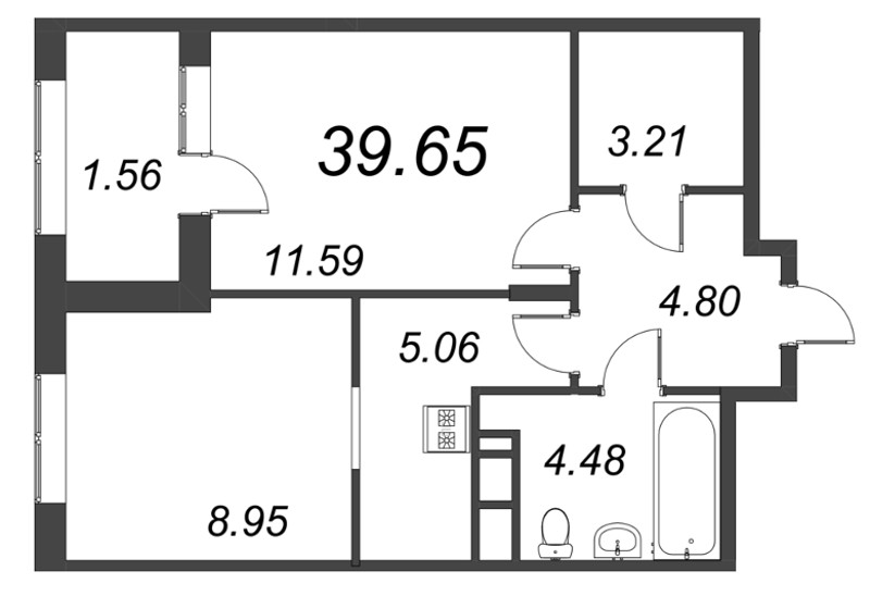 2-комнатная (Евро) квартира, 39.65 м² в ЖК "VEREN NORT сертолово" - планировка, фото №1