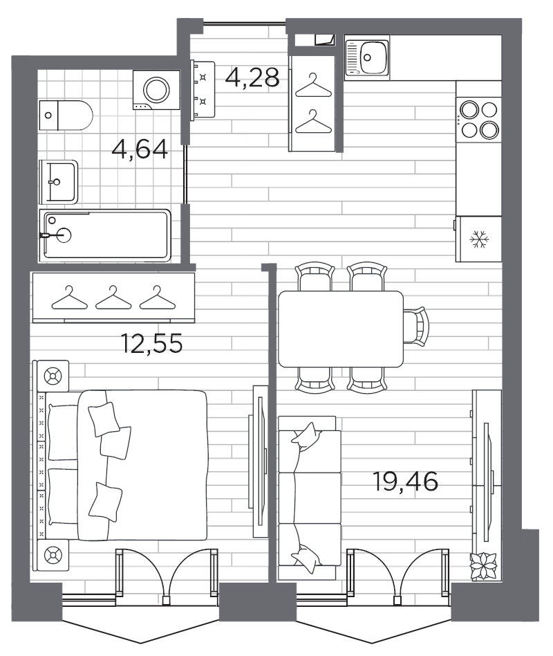 2-комнатная (Евро) квартира, 40.93 м² в ЖК "Галерная гавань" - планировка, фото №1
