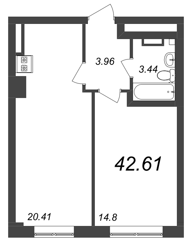 2-комнатная (Евро) квартира, 42.61 м² - планировка, фото №1