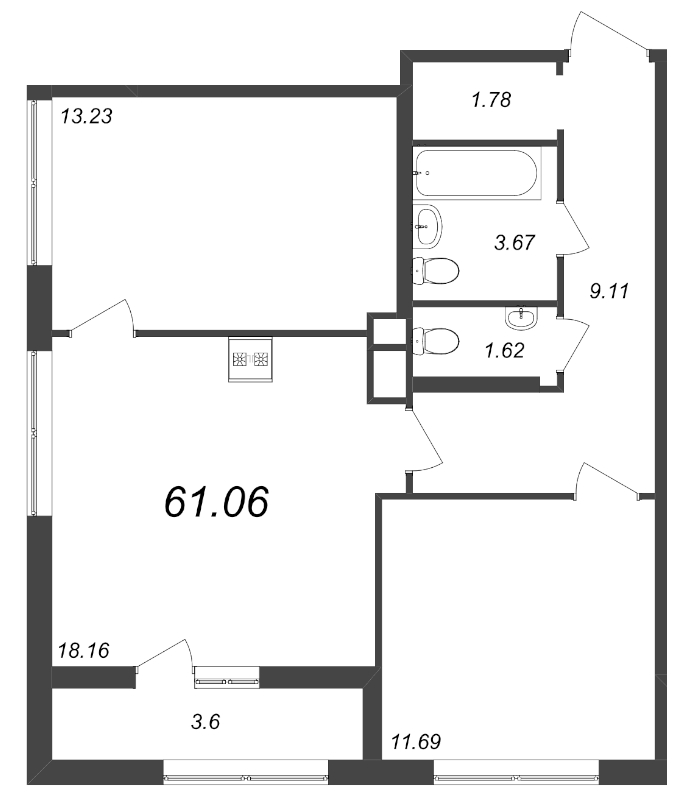 2-комнатная квартира, 61.06 м² - планировка, фото №1