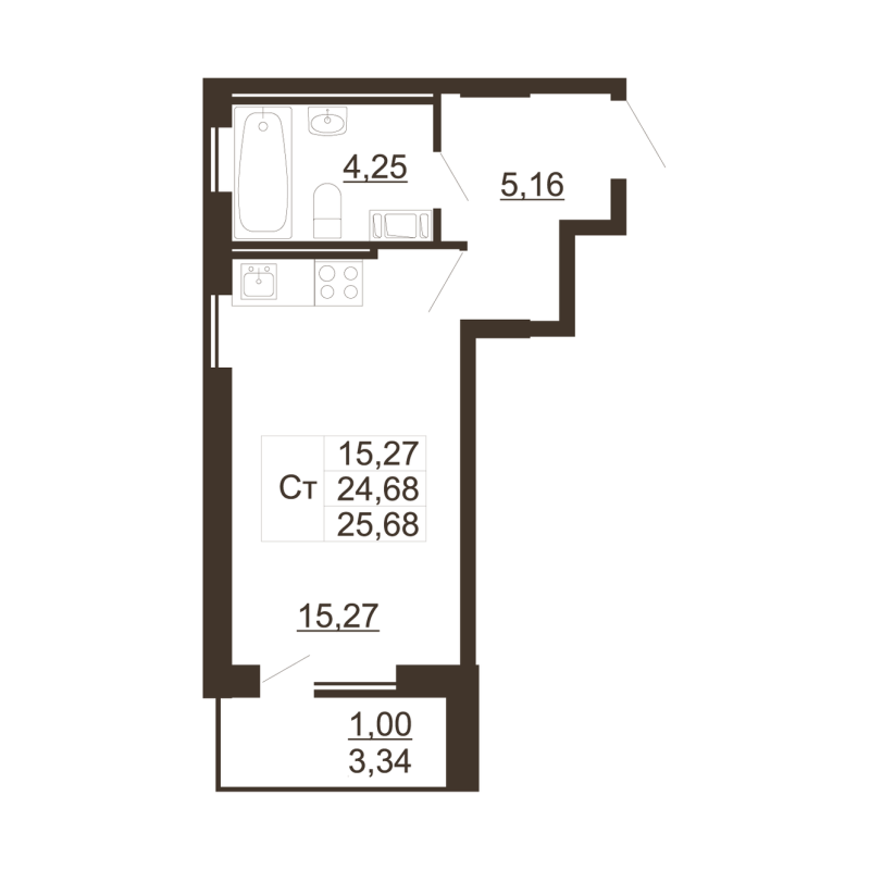 Квартира-студия, 25.5 м² в ЖК "Рубеж" - планировка, фото №1