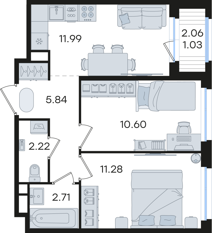 2-комнатная квартира, 45.67 м² в ЖК "Романовка" - планировка, фото №1