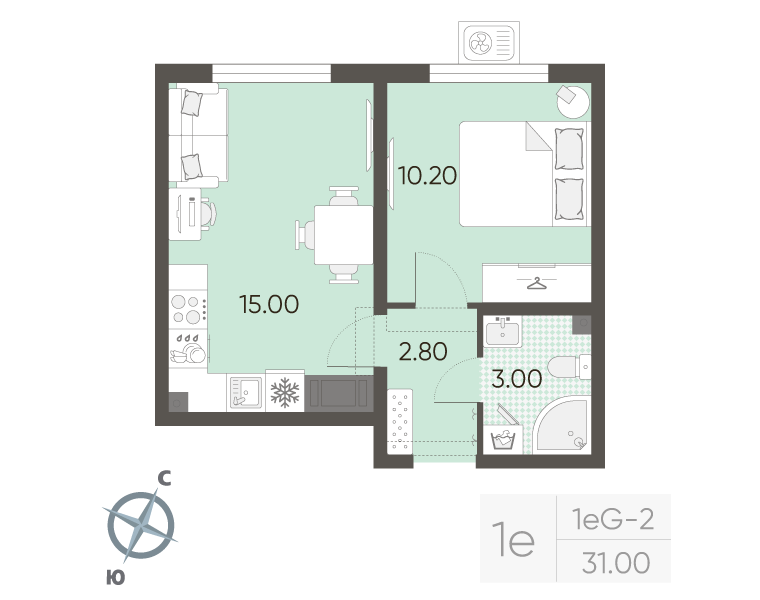 2-комнатная (Евро) квартира, 31 м² в ЖК "Ручьи" - планировка, фото №1