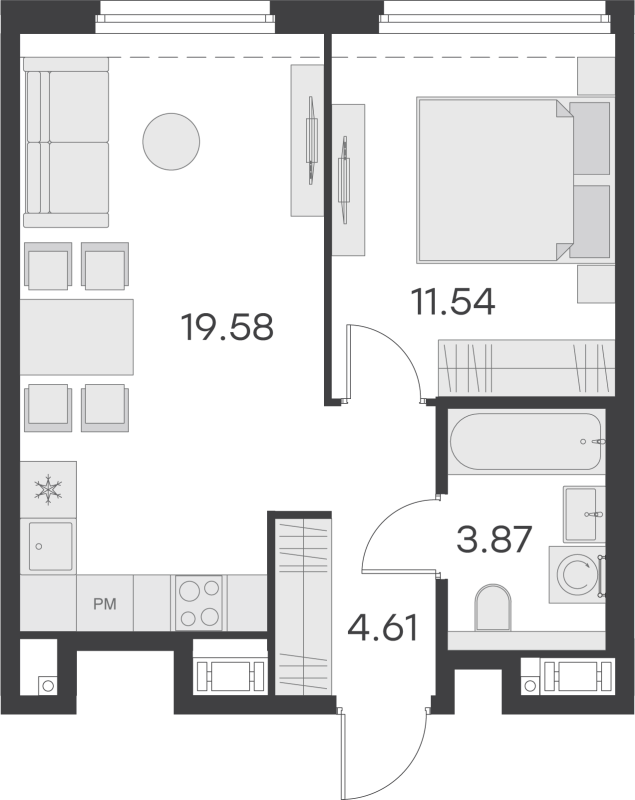 2-комнатная (Евро) квартира, 39.6 м² - планировка, фото №1