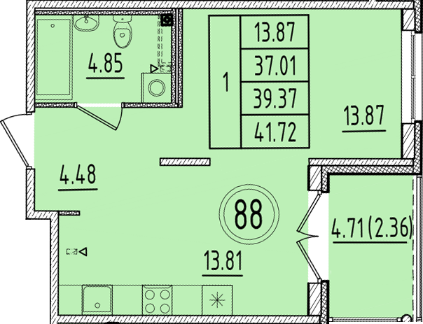 1-комнатная квартира, 37.01 м² в ЖК "Образцовый квартал 6.4" - планировка, фото №1