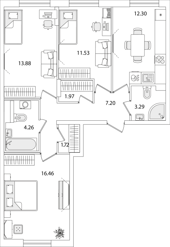 3-комнатная квартира, 72.61 м² - планировка, фото №1