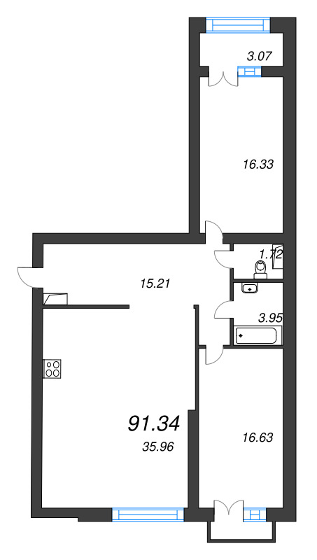 3-комнатная (Евро) квартира, 96.3 м² - планировка, фото №1