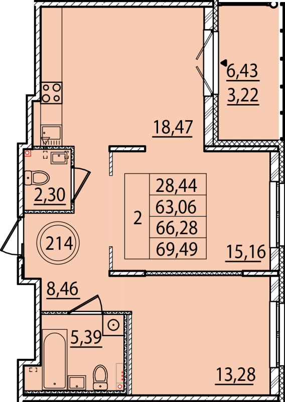 3-комнатная (Евро) квартира, 63.06 м² - планировка, фото №1