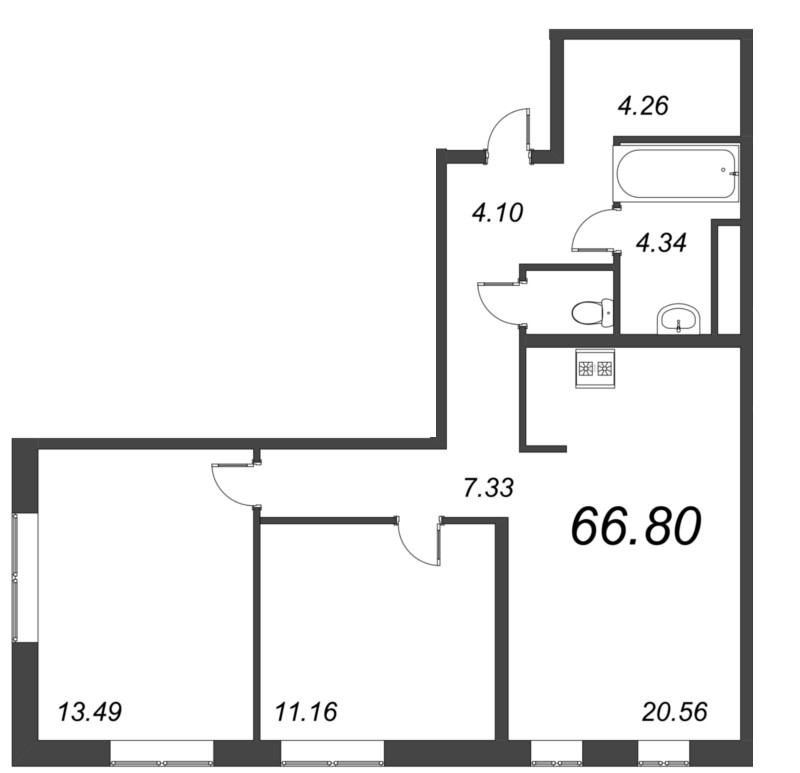 3-комнатная (Евро) квартира, 71.8 м² в ЖК "Малоохтинский, 68" - планировка, фото №1