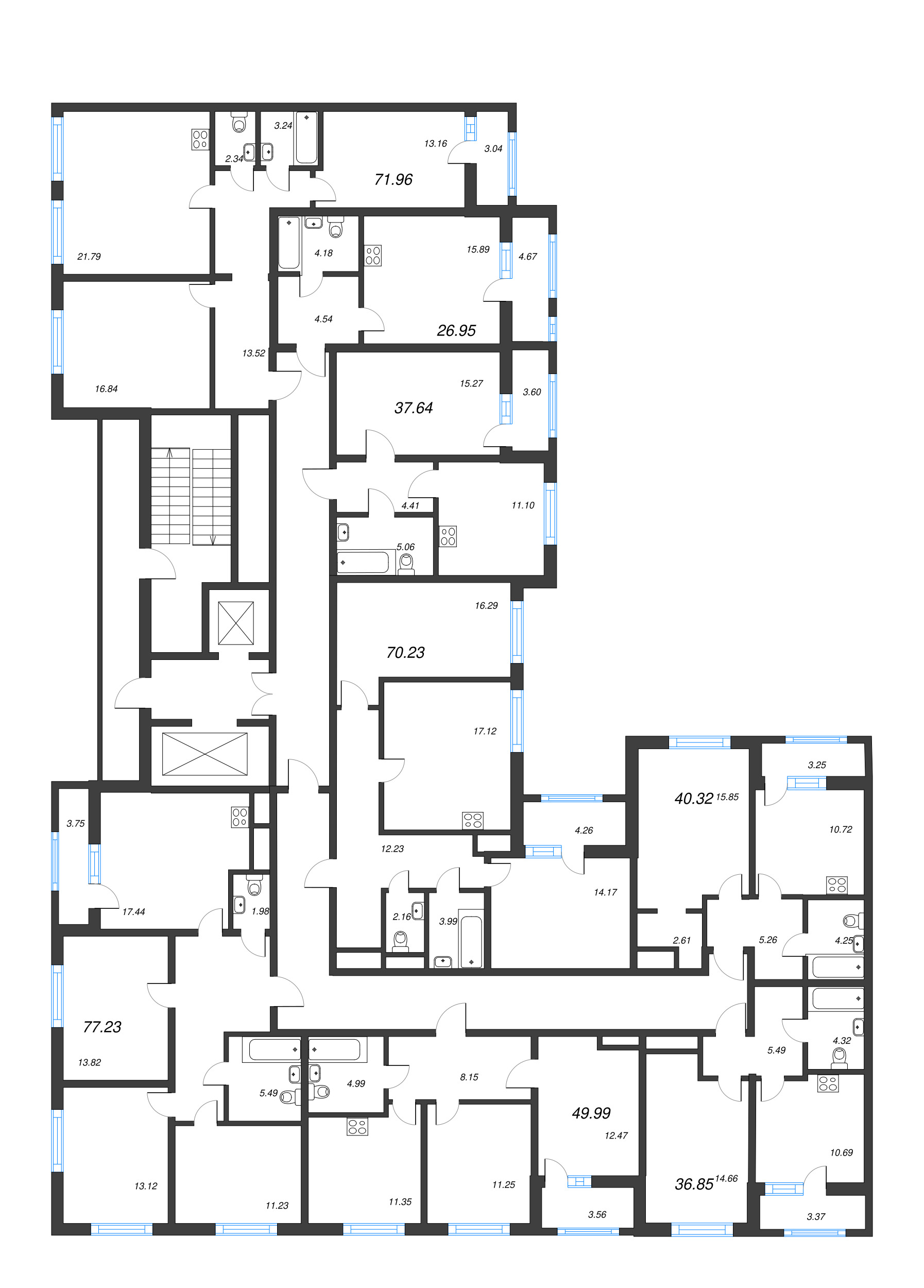 3-комнатная (Евро) квартира, 70.23 м² в ЖК "Расцветай в Янино" - планировка этажа