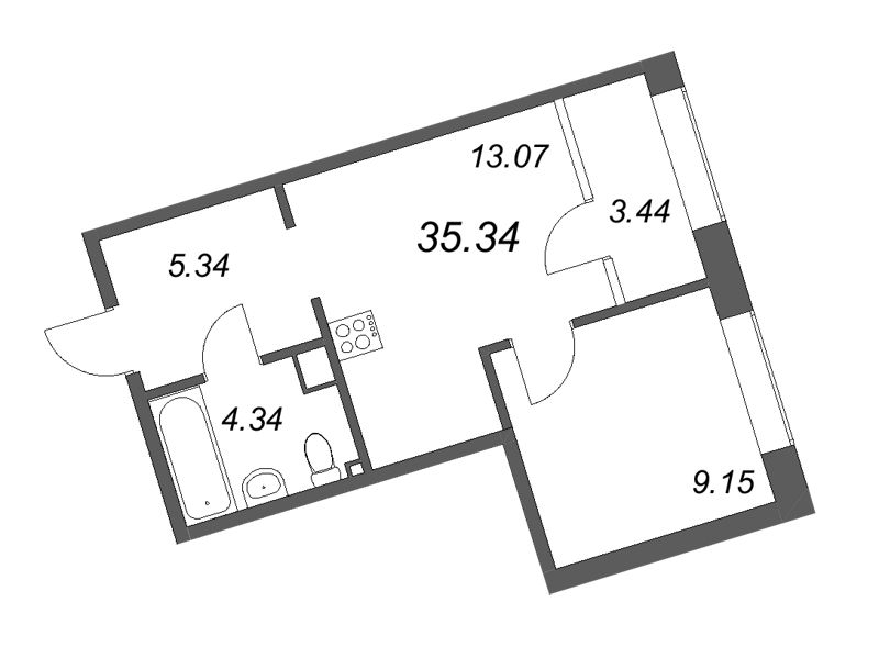 2-комнатная (Евро) квартира, 35.34 м² в ЖК "17/33 Петровский остров" - планировка, фото №1