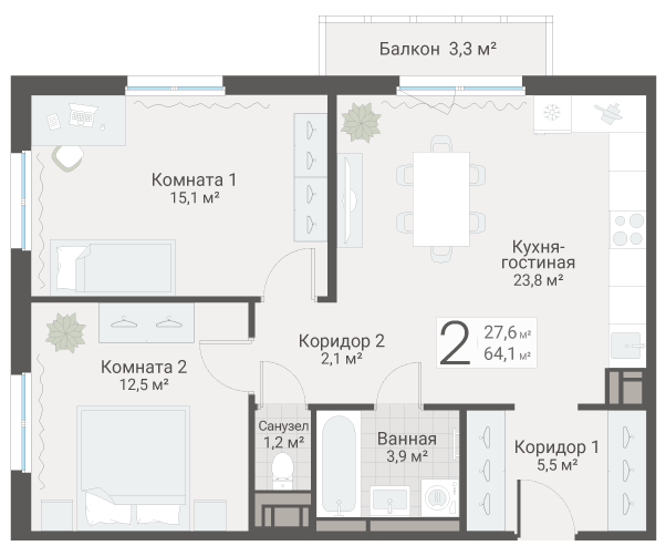 3-комнатная (Евро) квартира, 64.1 м² в ЖК "Руднева 15" - планировка, фото №1