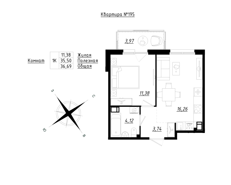 2-комнатная (Евро) квартира, 36.69 м² - планировка, фото №1