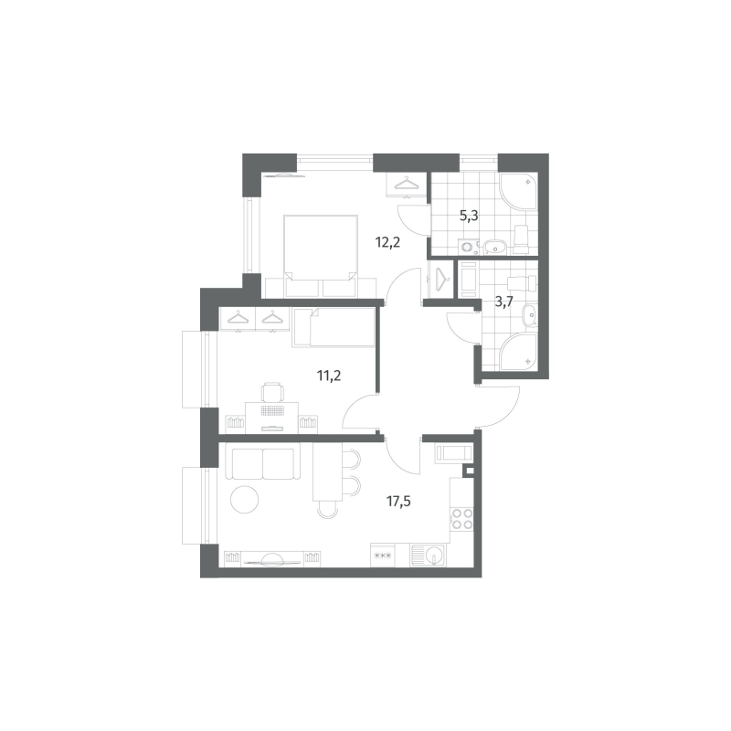 3-комнатная (Евро) квартира, 56.7 м² в ЖК "Парусная 1" - планировка, фото №1