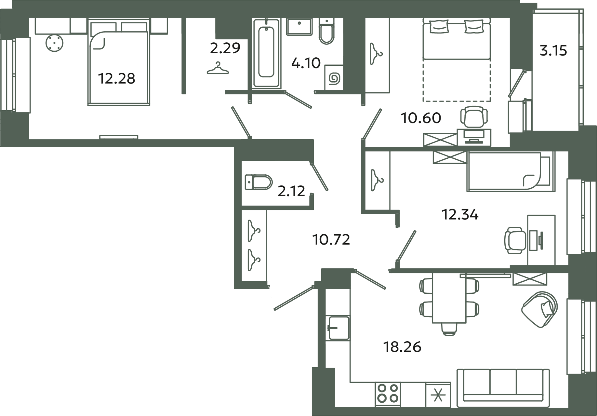 4-комнатная (Евро) квартира, 74.29 м² в ЖК "Загляденье" - планировка, фото №1