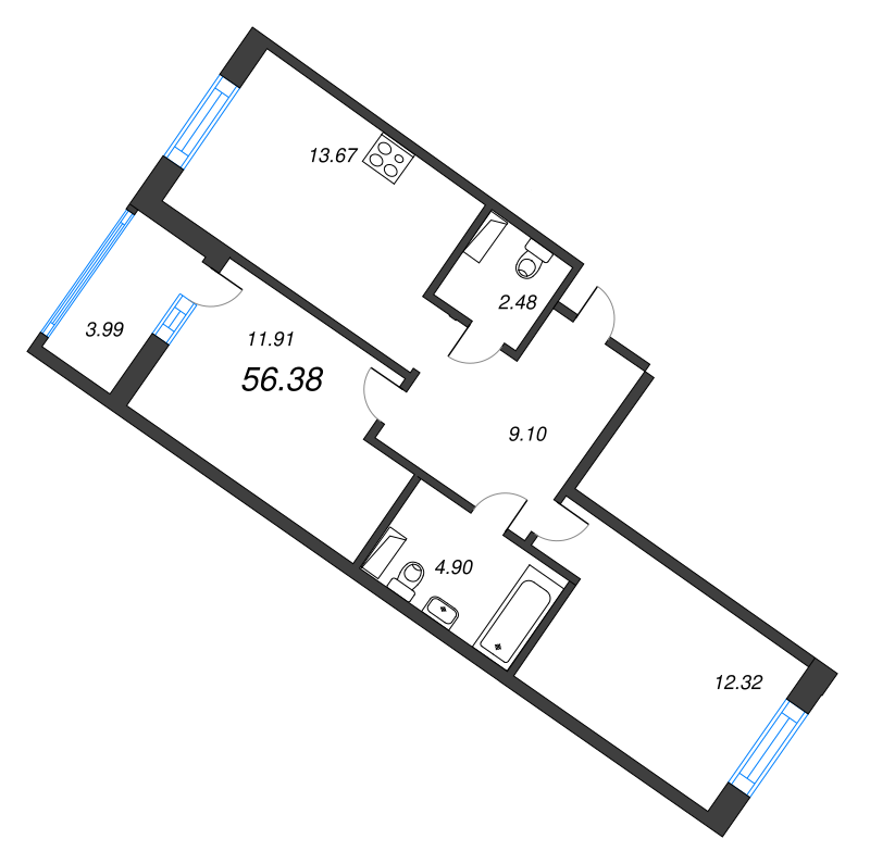 2-комнатная квартира, 58.37 м² - планировка, фото №1