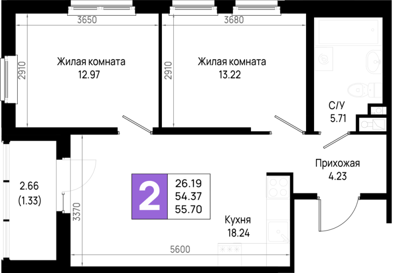 3-комнатная (Евро) квартира, 55.7 м² в ЖК "Имена" - планировка, фото №1
