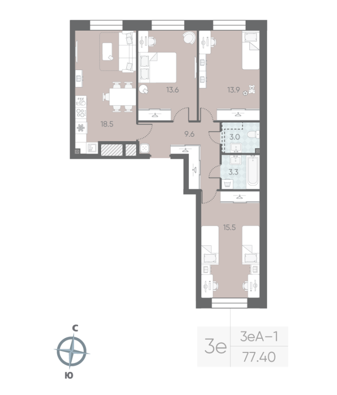 4-комнатная (Евро) квартира, 77.4 м² в ЖК "Большая Охта" - планировка, фото №1