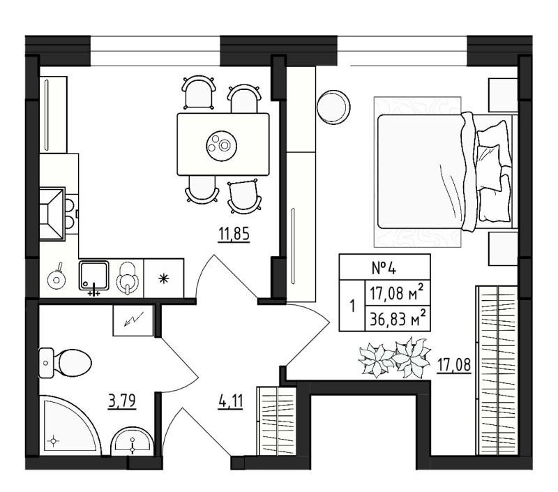 1-комнатная квартира, 36.83 м² - планировка, фото №1
