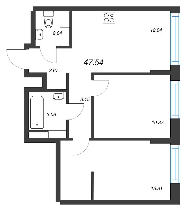 2-комнатная квартира, 47.54 м² - планировка, фото №1