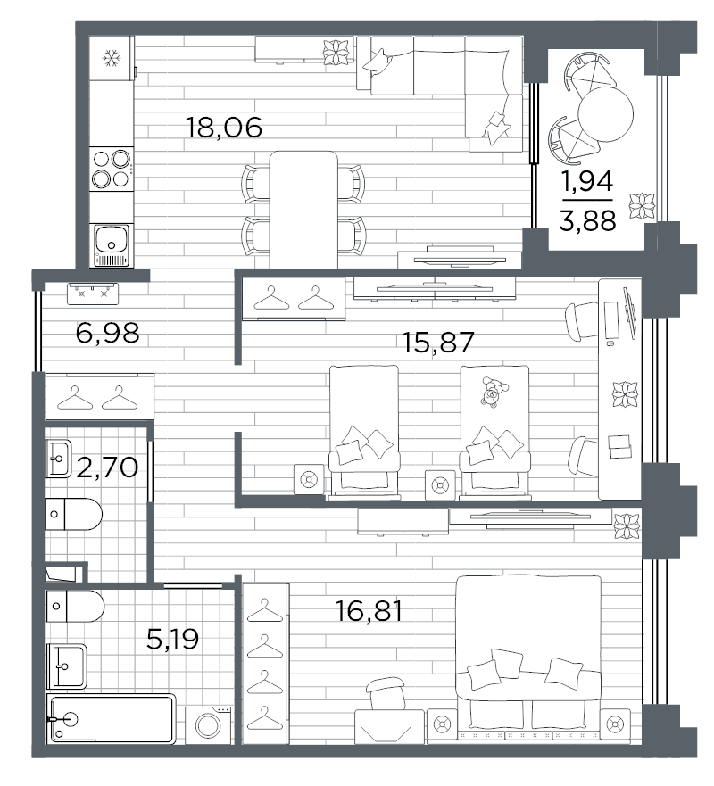 3-комнатная (Евро) квартира, 67.55 м² в ЖК "Ассамблея" - планировка, фото №1