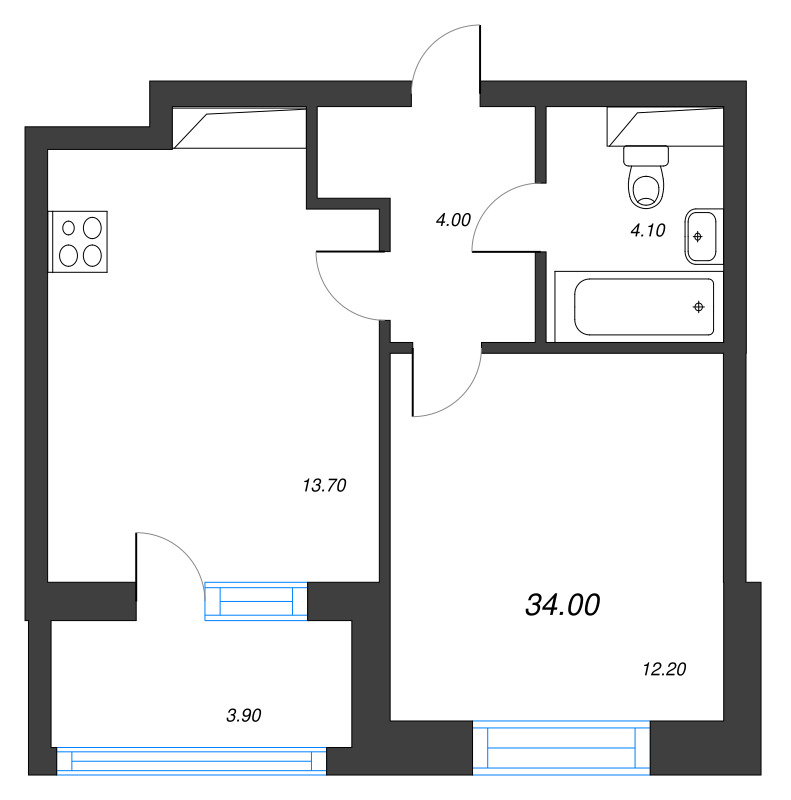 1-комнатная квартира, 34 м² в ЖК "М36" - планировка, фото №1