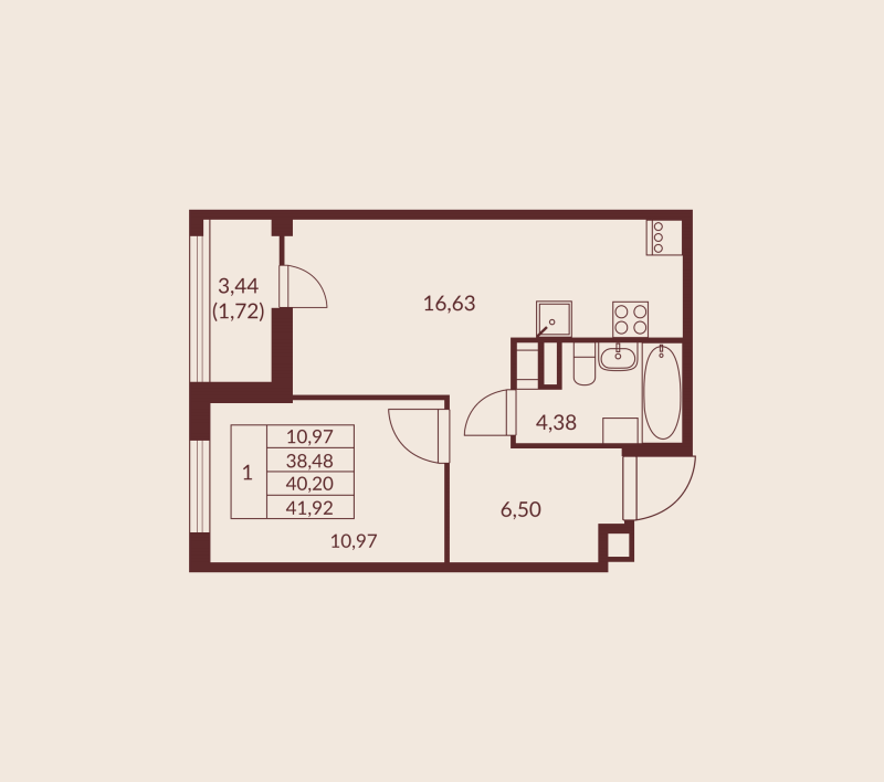 2-комнатная (Евро) квартира, 40.2 м² в ЖК "Амурино" - планировка, фото №1