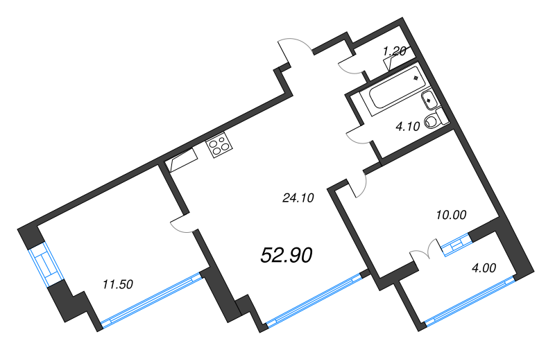2-комнатная квартира, 52.9 м² - планировка, фото №1