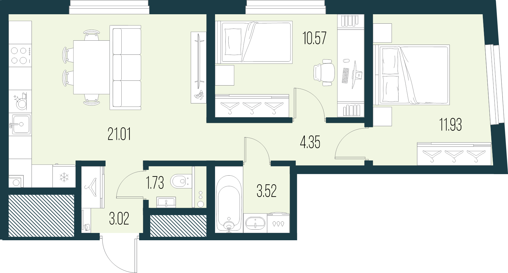 3-комнатная (Евро) квартира, 56.13 м² в ЖК "Новая Земля" - планировка, фото №1