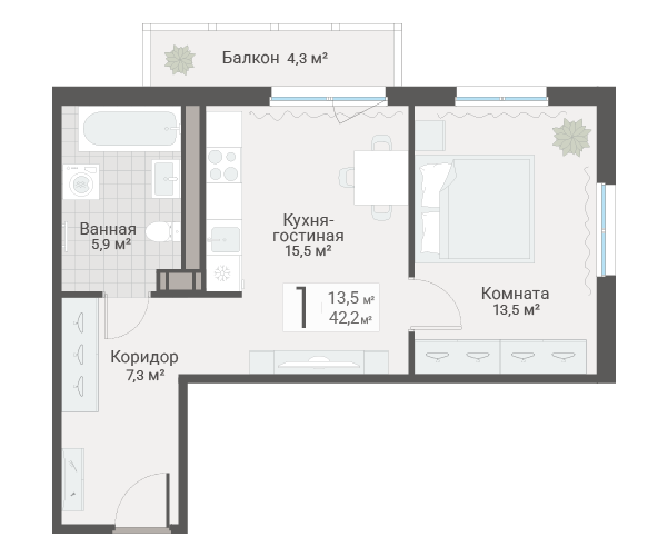 2-комнатная (Евро) квартира, 42.2 м² в ЖК "Руднева 15" - планировка, фото №1