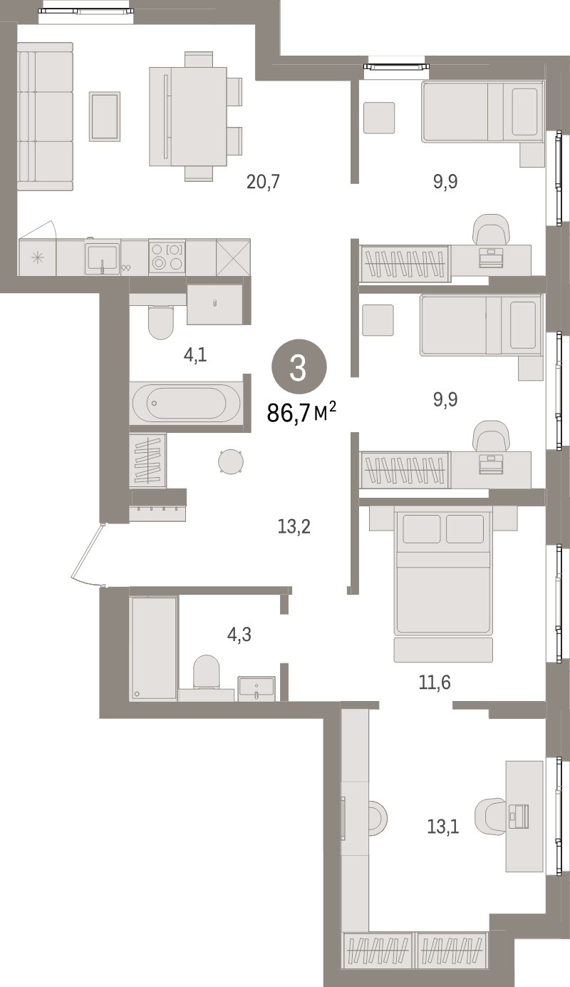 5-комнатная (Евро) квартира, 86.7 м² в ЖК "Брусника в Новоселье" - планировка, фото №1