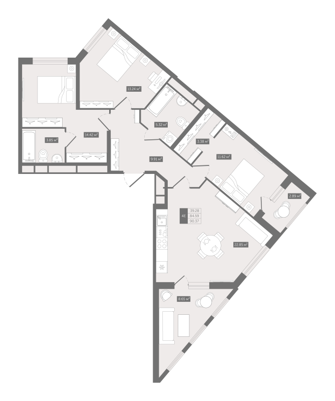 4-комнатная (Евро) квартира, 90.37 м² - планировка, фото №1