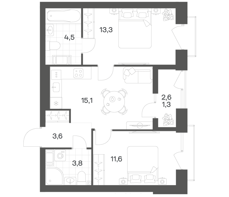 3-комнатная (Евро) квартира, 53.06 м² в ЖК "Новый Питер" - планировка, фото №1