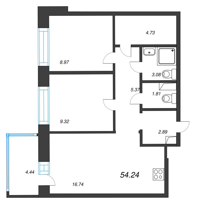 3-комнатная (Евро) квартира, 54.24 м² в ЖК "Уютный" - планировка, фото №1