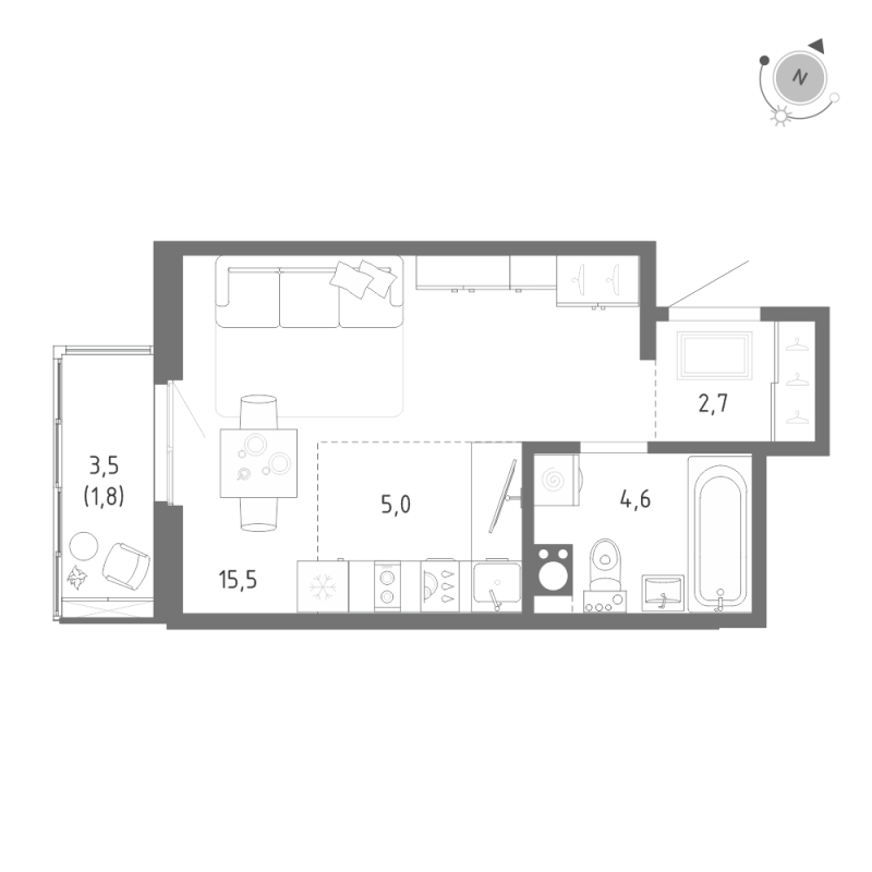 Квартира-студия, 29.6 м² - планировка, фото №1