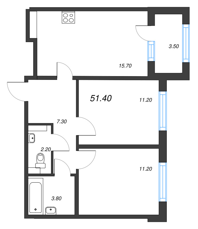 3-комнатная (Евро) квартира, 51.4 м² - планировка, фото №1