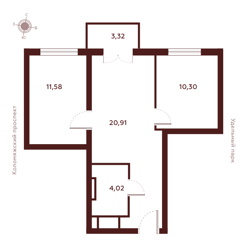 3-комнатная (Евро) квартира, 50.13 м² в ЖК "Saan" - планировка, фото №1