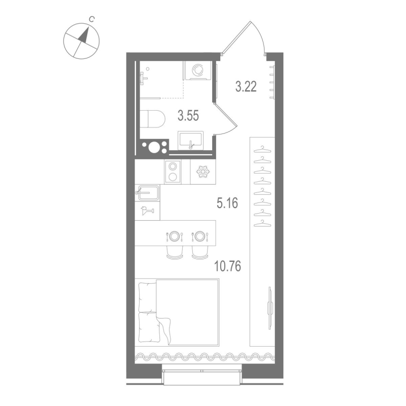Квартира-студия, 22.69 м² в ЖК "Остров Первых" - планировка, фото №2