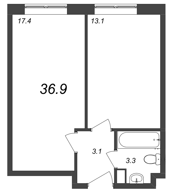 2-комнатная (Евро) квартира, 37.41 м² в ЖК "Zoom на Неве" - планировка, фото №1