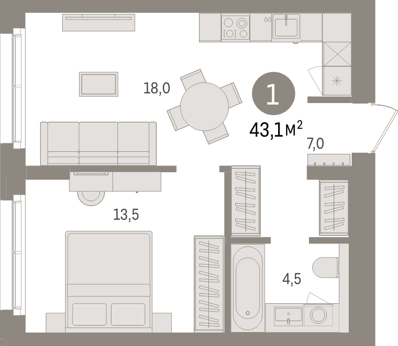1-комнатная квартира, 43.1 м² в ЖК "Брусника в Новоселье" - планировка, фото №1
