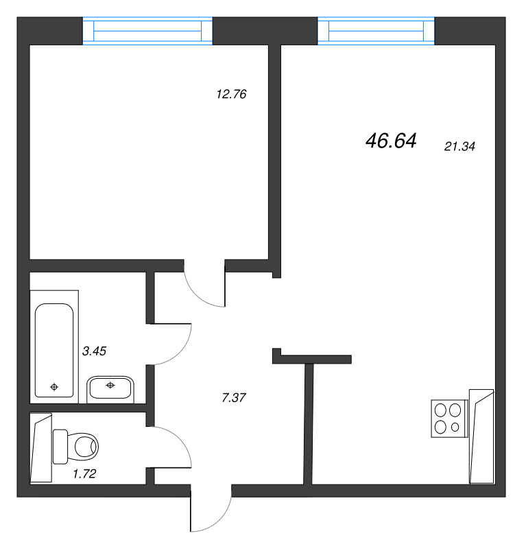 2-комнатная (Евро) квартира, 46.64 м² - планировка, фото №1