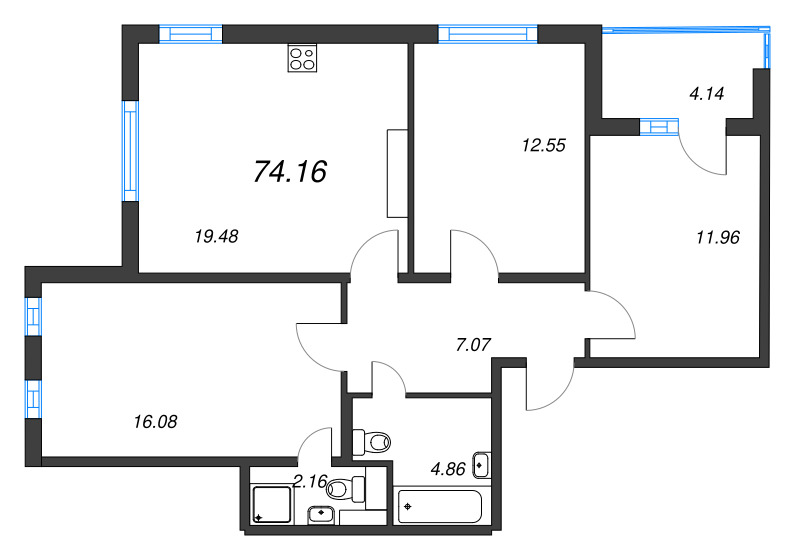 4-комнатная (Евро) квартира, 74.16 м² - планировка, фото №1