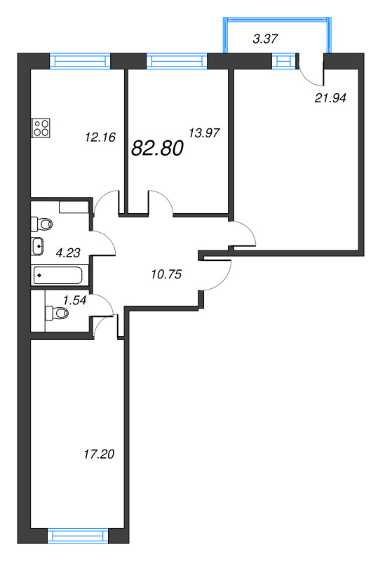3-комнатная квартира, 81.79 м² - планировка, фото №1