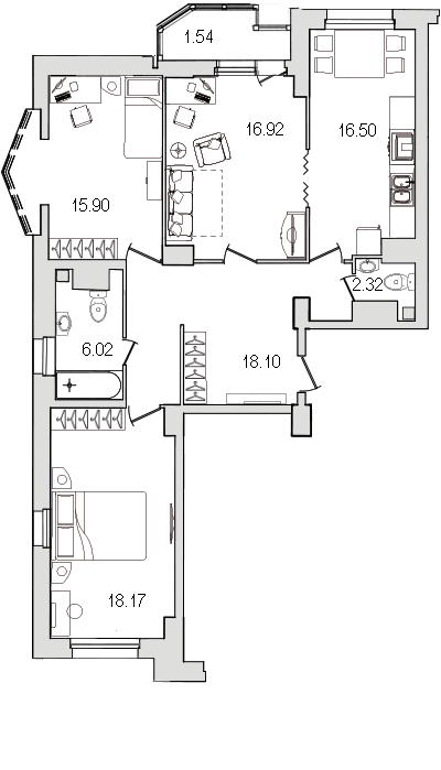 3-комнатная квартира, 93.8 м² - планировка, фото №1